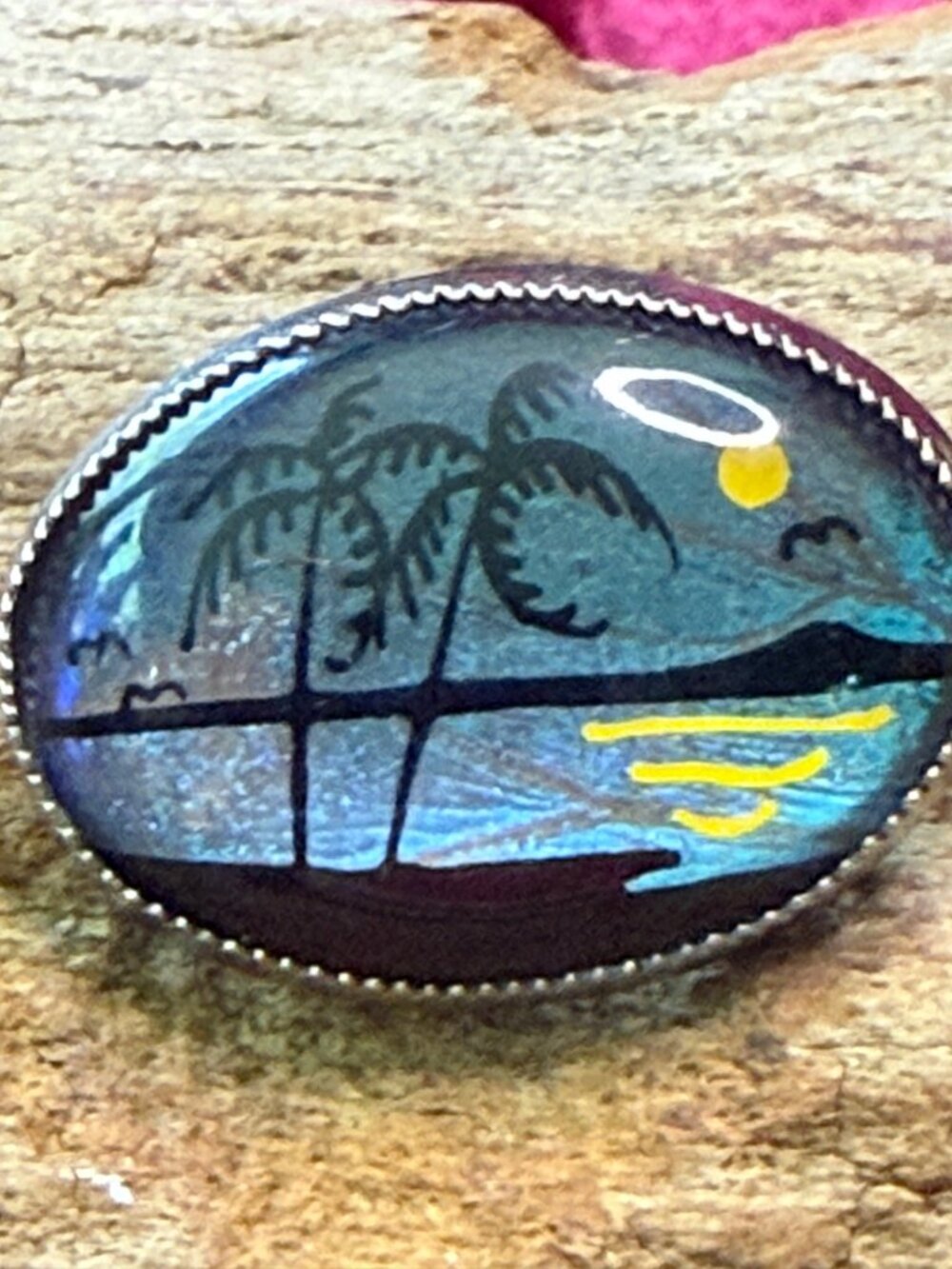 1 Inch Vintage Morpho Butterfly Wing Brooch  Sunset & Palm Tree Silver-Tone
